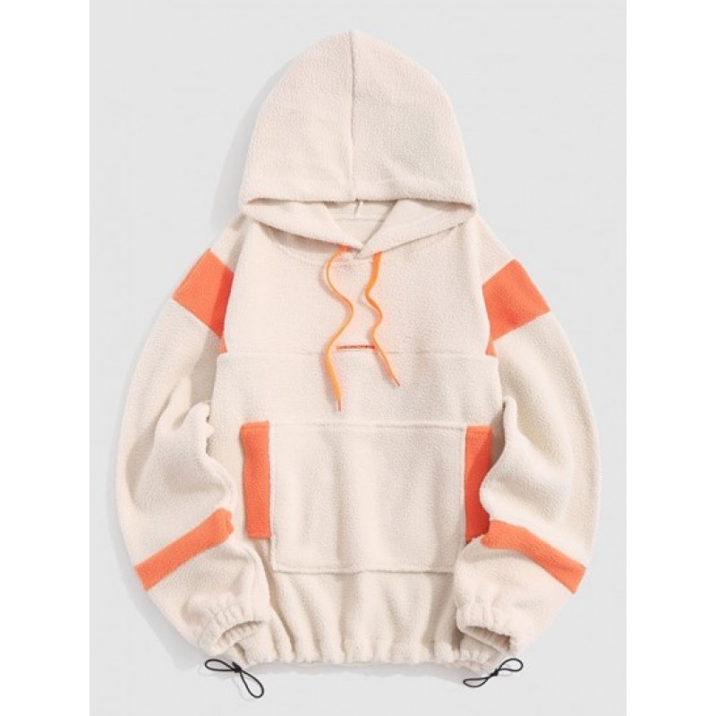 Oversized Kangaroo Pocket Colorblock Fleece Faux Shearling Fluffy Teddy Hoodie