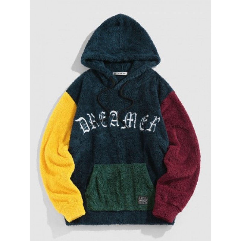 DREAMER Embroidered Color Block Fuzzy Hoodie