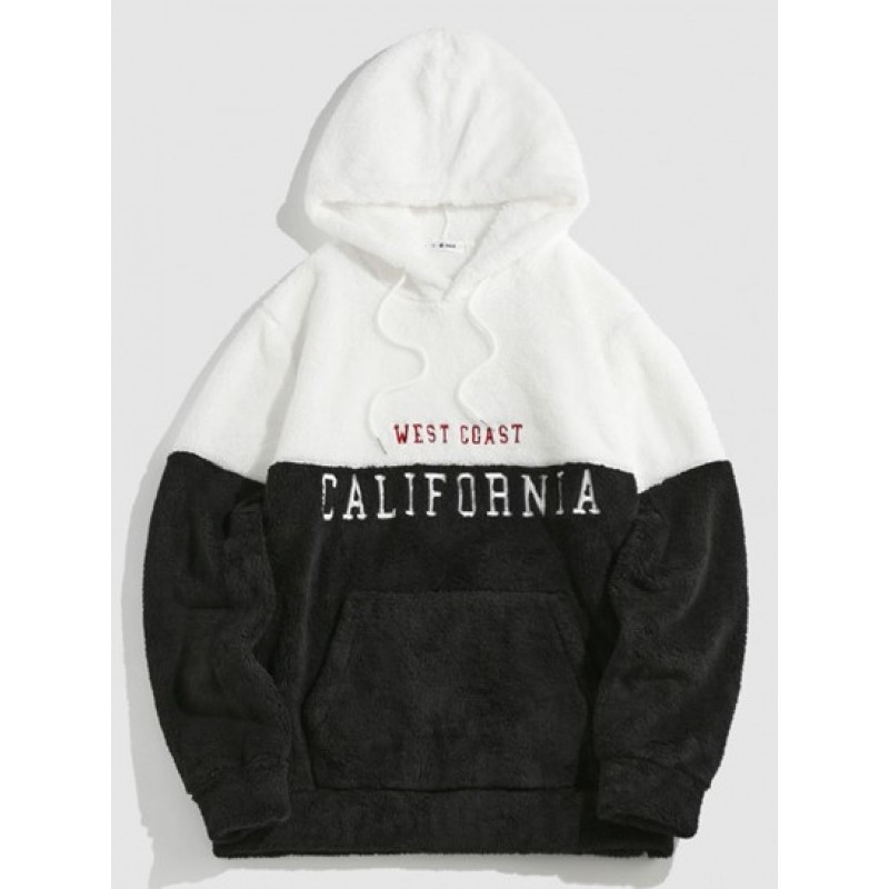 Letters Embroidered Two Tone Fluffy Hoodie