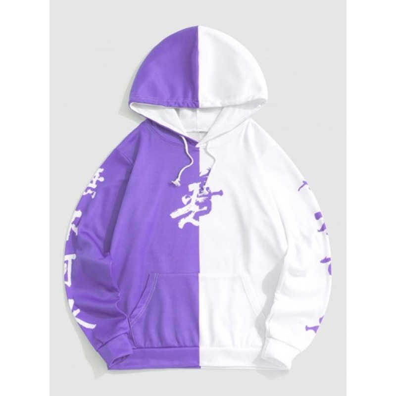 Y2K Aesthetic Two Tone Oriental Chinese Letter Print Drawstring Hoodie
