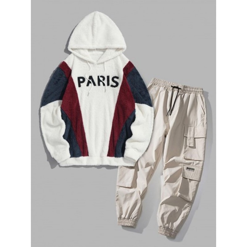 PARIS Embroidered Fuzzy Pullover Hoodie And Cargo Jogger Techwear Pants Set