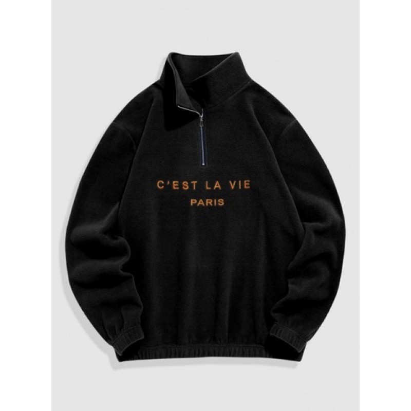 Fuzzy C' EST LA VIE Letter Embroidered Quarter Zip Polar Fleece Sweatshirt