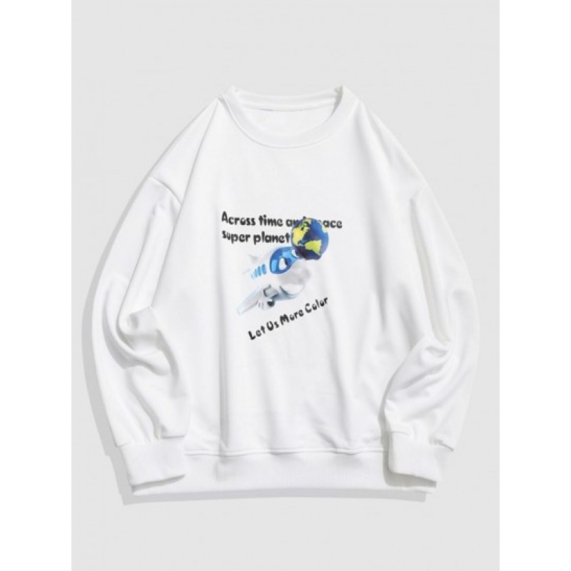 Cartoon Animal Earth  Letter Drop Shoulder Sweatshirt