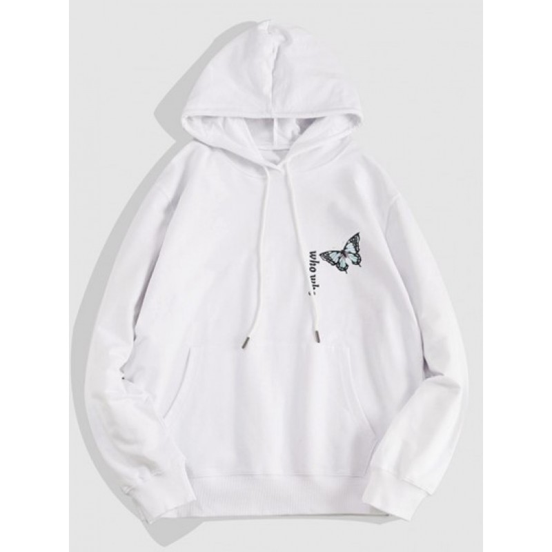 Letters Butterfly Print Kangaroo Pocket Hoodie