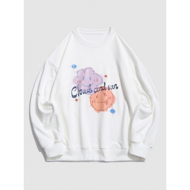 Cartoon Clouds And Sun Graphic Drop Shoulder Sweatshirt